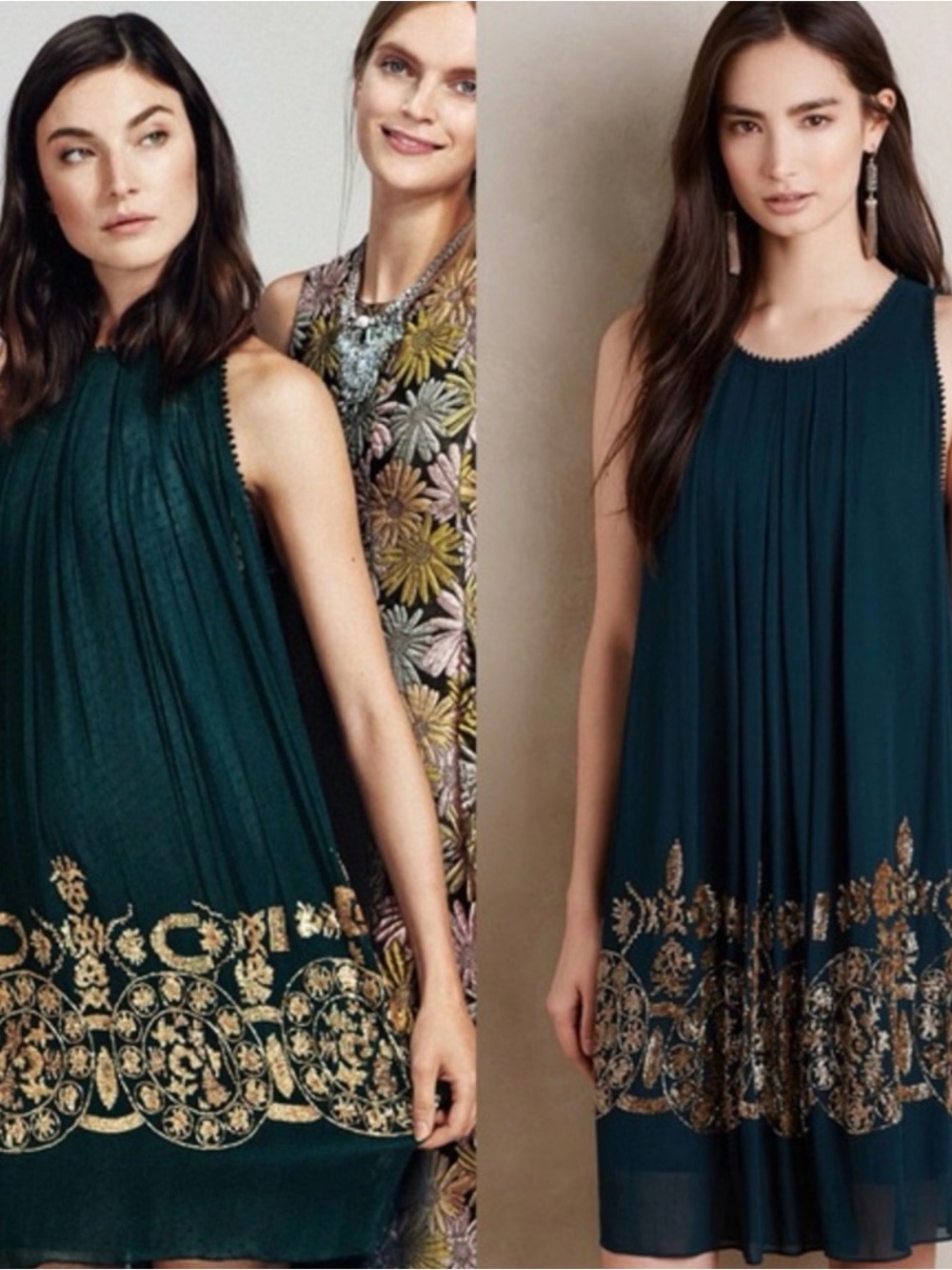 Anthropologie Teal Mini Dress with Gold Embroidery